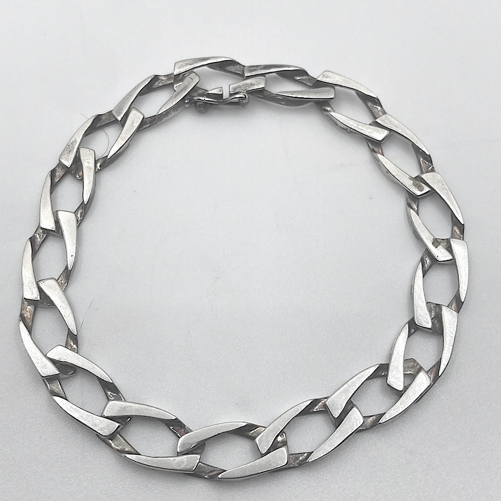 Vtg Sterling Angled Sharp Cut Curb Chain Bracelet Wide Links 7.4” / 8mm W